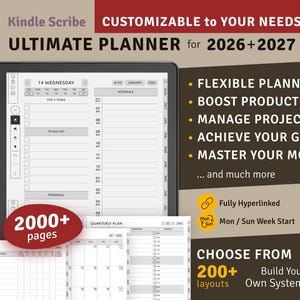 Puede incluir: Un planificador digital para Kindle Scribe, con una tableta negra que muestra un horario detallado y una lista de tareas. La imagen incluye el texto "ULTIMATE PLANNER for 2026+2027", "2000+ pages" y "CHOOSE FROM 200+ layouts".