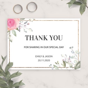 Bloemen elegante bruiloft dank u kaart, afdrukbare dank u kaartsjabloon, aangepaste bewerkbare dank u kaart downloadbare PDF, JPG, PNG