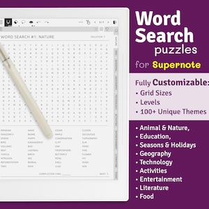 Puede incluir: Una lectora de libros electrónicos blanca y gris con un crucigrama de palabras en la pantalla. El crucigrama se titula "Word Search #1: Nature". La lectora de libros electrónicos está sobre un fondo morado. El texto en el lado derecho de la imagen dice: "Word Search puzzles for Supernote. Fully Customizable: Grid Sizes, Levels, 100+ Unique Themes, Animal & Nature, Education, Seasons & Holidays, Geography, Technology, Activities, Entertainment, Literature, Food."
