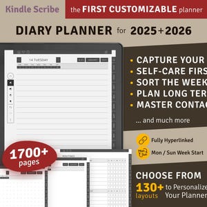 2025 + 2026 Kindle Scribe Diary Planner, 365 Ruled Journal Pages, Digital Notebook with hyperlinks, Yearly / Quarterly / Monthly calendars