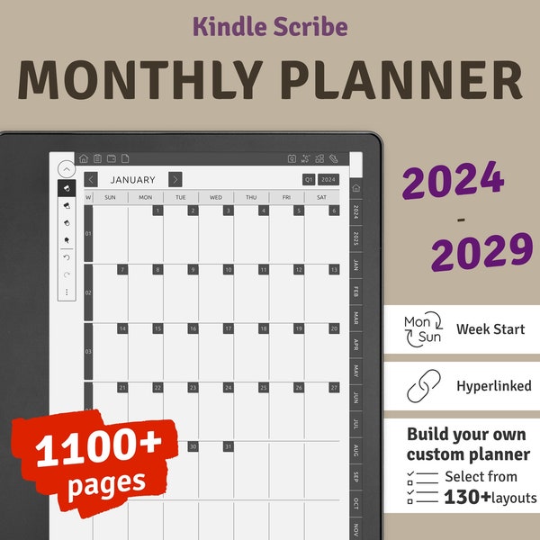 2024 - 2029 Kindle Scribe Monthly Calendar (5 years), Hyperlinked Digital Planner Bundle, Digital Download Kindle Scribe PDF Template