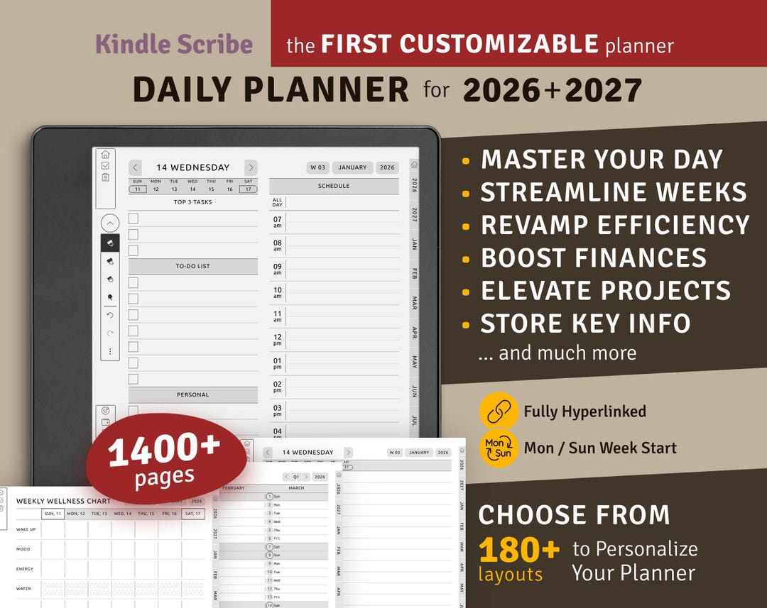 2026 + 2027 Kindle Scribe Daily Planner, Customizable Hyperlinked ...