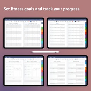May include: Four digital planner pages on a tablet screen. The pages are for fitness goals, daily fitness planning, and goal setting. The pages are white with black text and lines.