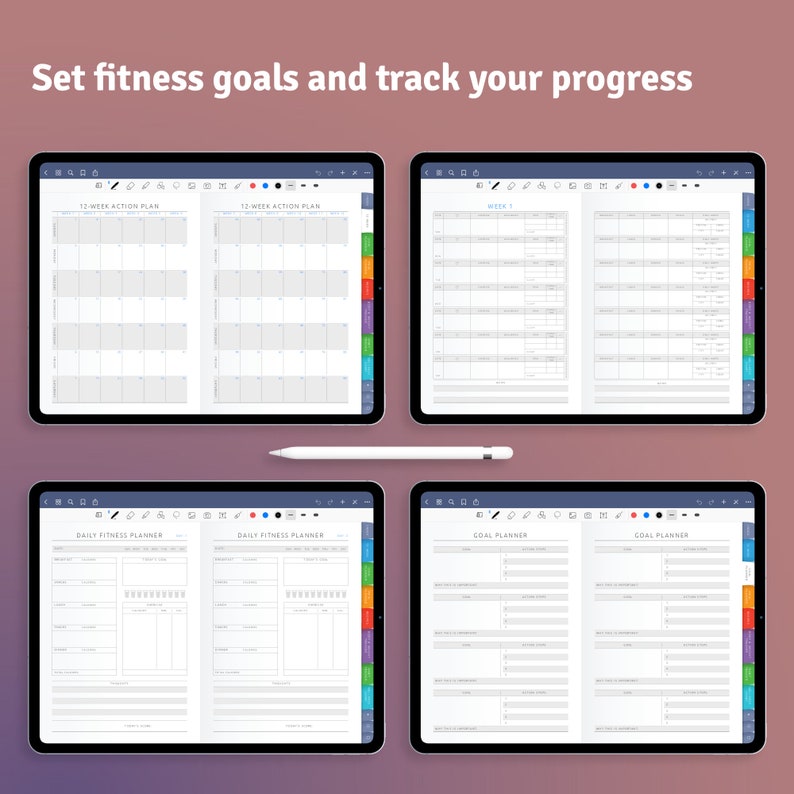 May include: Four digital planner pages on a tablet screen. The pages are for fitness goals, daily fitness planning, and goal setting. The pages are white with black text and lines.