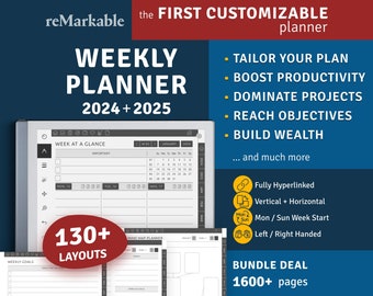 reMarkable 2 Weekly Planner 2024 & 25 Digital Template, Daily / Weekly / Monthly / Fitness / Meal / Goal / Budget PDF pages for reMarkable