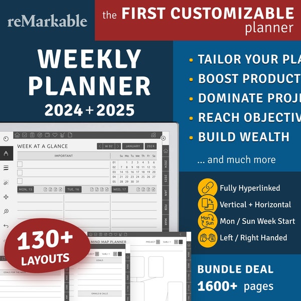 reMarkable 2 Weekly Planner 2024 & 25 Digital Template, Daily / Weekly / Monthly / Fitness / Meal / Goal / Budget PDF pages for reMarkable