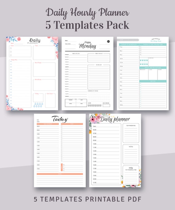 5 daily hourly planner templates pack printable daily agenda templates 5 in 1 bundle instant download printable pdf daily hourly planner printable