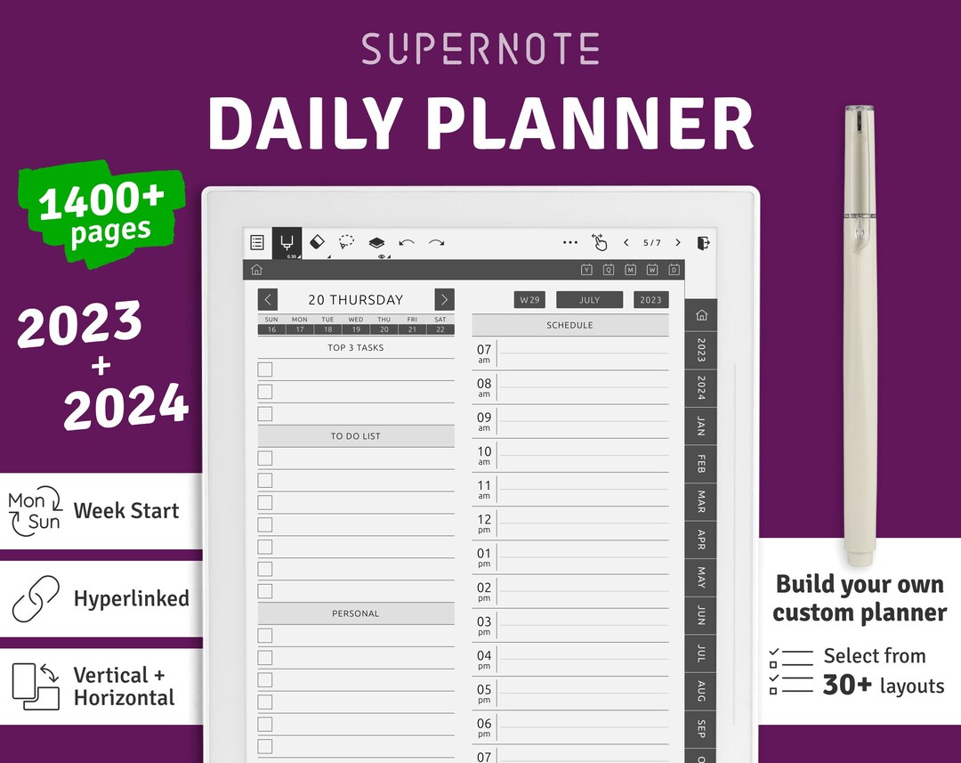 2023 2024 Supernote A5x A6x Daily Planner, Hyperlinked PDF Template