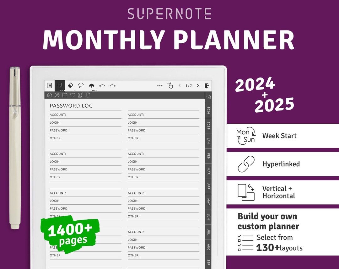 2024 2025 Supernote A5X A6X Monthly Planner, Hyperlinked Digital