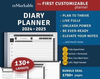 reMarkable 2024 - 2025 Diary Planner Template, 365 Ruled Journal Pages, Hyperlinked Digital Notebook, Yearly / Quarterly / Monthly calendars