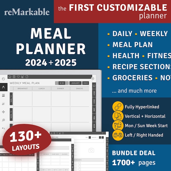 reMarkable Meal Planner, Hyperlinked Weekly Meal Plan & Grocery List, Food Journal Template for reMarkable 2, Portrait / Landscape Modes