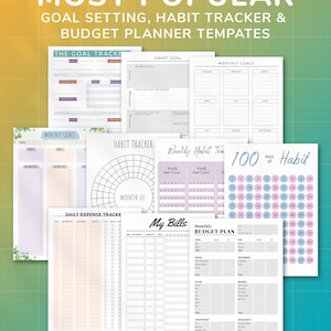 May include: A set of printable planner templates for goal setting, habit tracking, and budgeting. The templates feature a variety of layouts and designs, including a monthly goal tracker, a habit tracker with a circular progress chart, a daily expense tracker, a bill tracker, and a monthly budget planner.