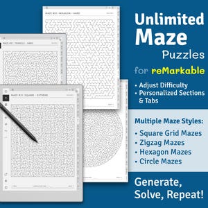 May include: Three digital notepads displaying different maze puzzles on the screen. The notepads are white with black bezels. The text on the notepads reads "MAZE #31: TRIANGLE - HARD", "MAZE #31: HEXAGON - HARD", and "MAZE #31: SQUARE - EXTREME". The text "Unlimited Maze Puzzles for remarkable" is displayed in a large font above the notepads. Below the notepads, the text "Multiple Maze Styles: Square Grid Mazes, Zigzag Mazes, Hexagon Mazes, Circle Mazes" is displayed. The text "Generate, Solve, Repeat!" is displayed at the bottom of the image.