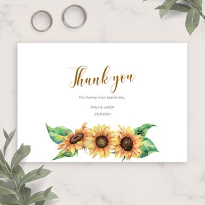 Einfache Sonnenblume Hochzeit Dankeskarte, druckbare Dankeskartenvorlage, individuell bearbeitbare Dankeskarte Herunterladbare PDF, JPG, PNG