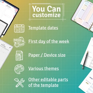 May include: A digital planner app with customizable features, including template dates, first day of the week, paper/device size, themes, and other editable parts. The image shows different planner layouts and a pencil.