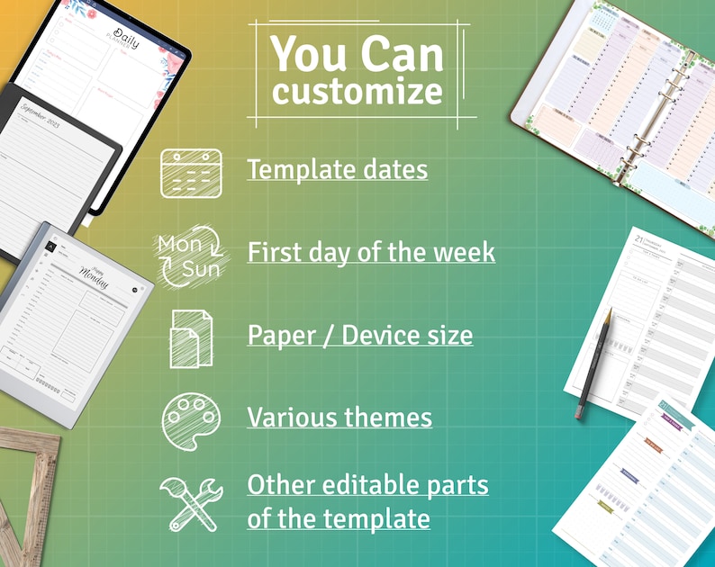 May include: A digital planner app with customizable features, including template dates, first day of the week, paper/device size, themes, and other editable parts. The image shows different planner layouts and a pencil.
