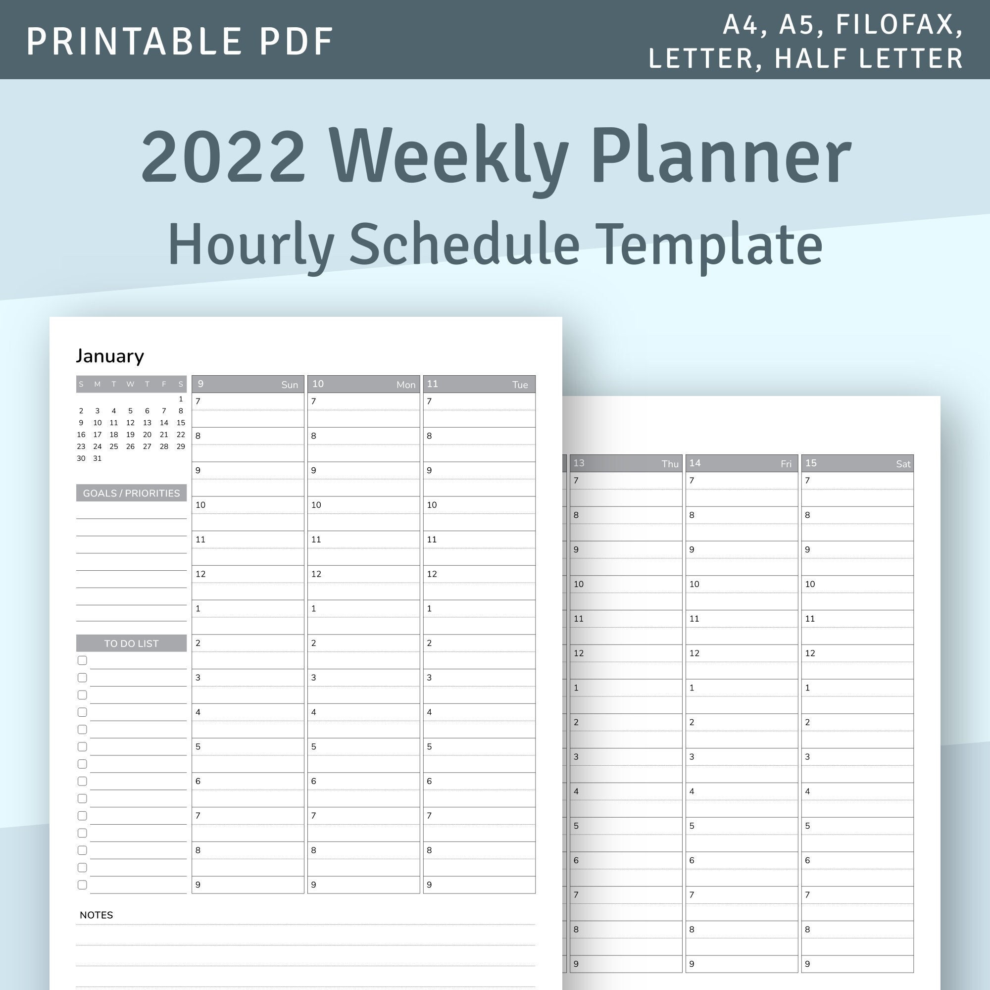 weekly planner 2022 with calendar hourly planner printable etsy