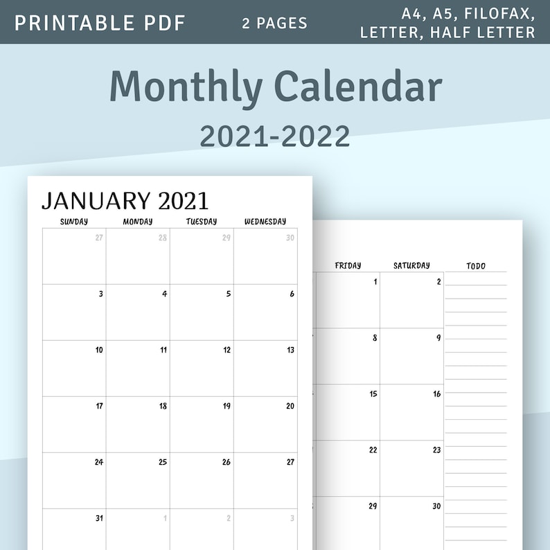 printable calendar monthly 2021 2022 month on two page etsy