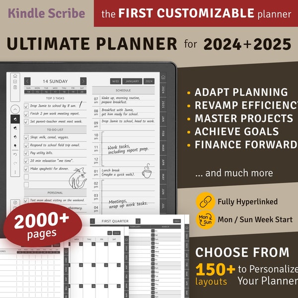 2024 + 2025 Kindle Scribe Ultimate Planner, hyperlinked Digital Planner Bundle, digitale download PDF-sjabloon voor Kindle Scribe-tablets