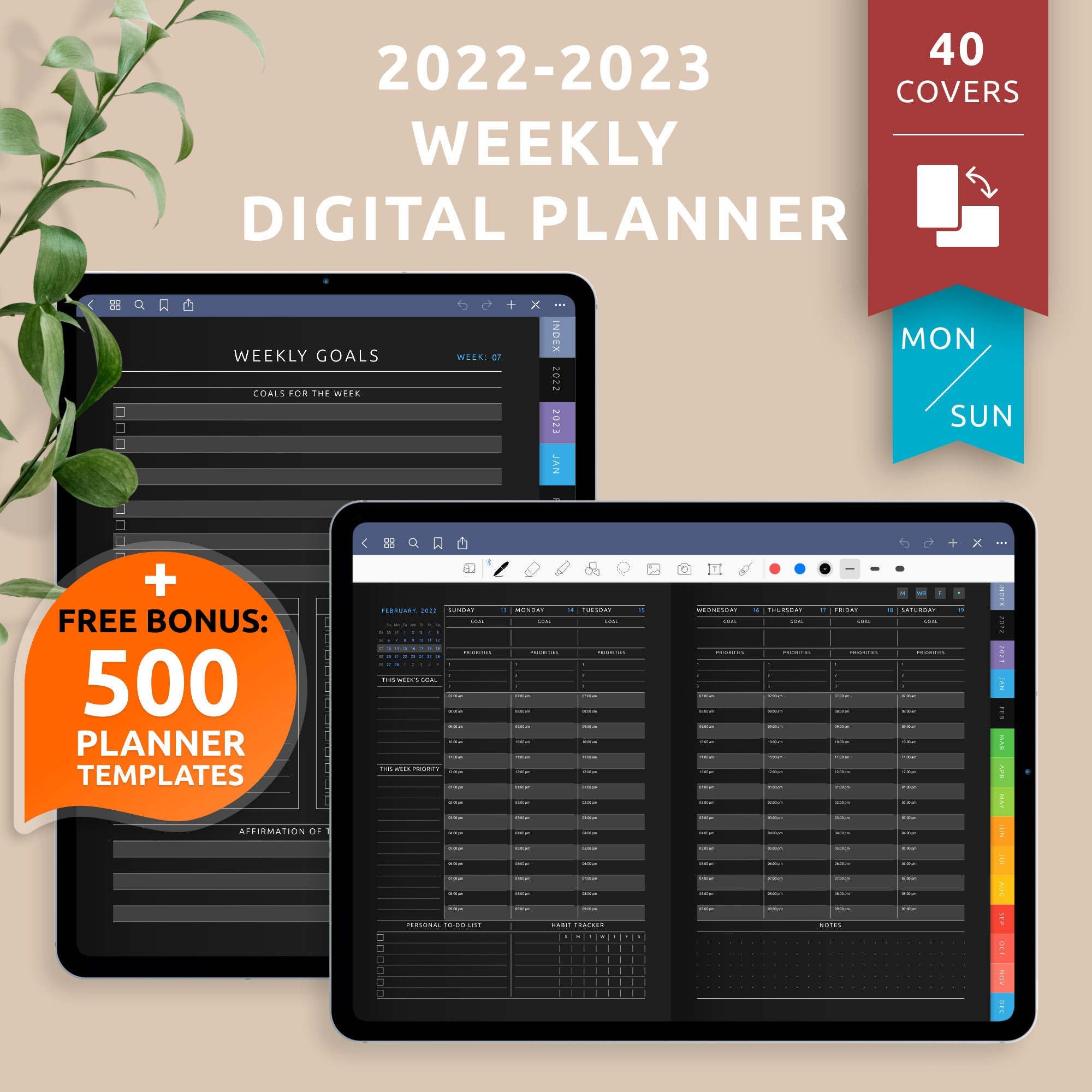 Undated Digital Planner for Goodnotes 40 Custom Covers +500 Templates Android Ultimate Daily
