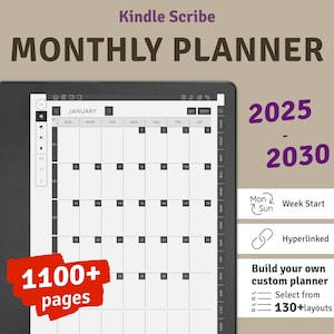 2025 - 2030 Kindle Scribe Monthly Calendar (5 years), Hyperlinked Digital Planner Bundle, Digital Download Kindle Scribe PDF Template