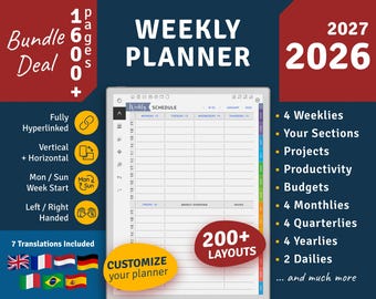 2026 + 2027 Weekly Planner, Hyperlinked PDF for reMarkable Tablet