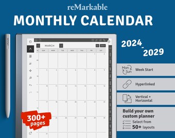 2024 - 2029 opmerkelijke maandelijkse kalendersjabloon, hyperlinked PDF, landschap / portret, rechts- / linkshandige modi