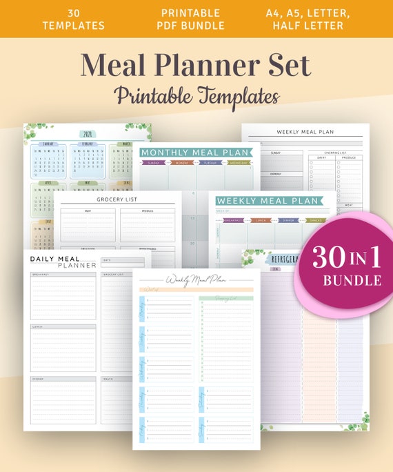 Meal Planner Templates Pack 30 in 1 Bundle Monthly Meal Plan