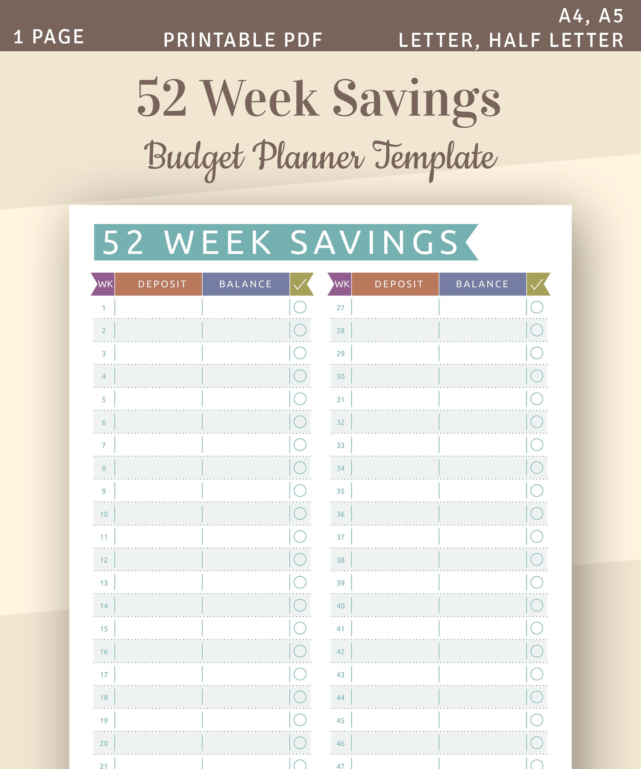 52 Week Savings Budget Template Money Savings Challenge Etsy