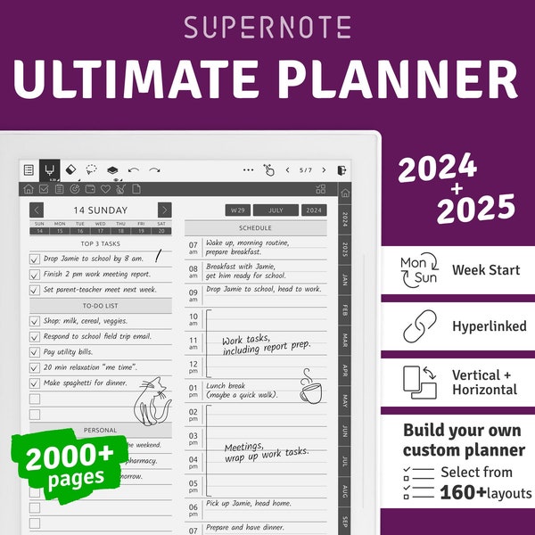 Supernote Ultimate Planner 2024 + 2025, PDF digitale con collegamento ipertestuale, modelli Supernote A5X / A6X