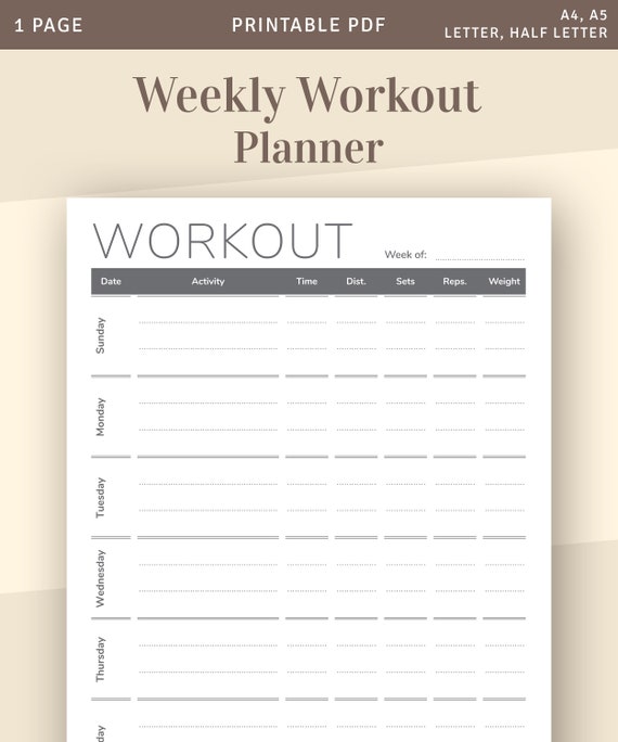 Fitness Journal Printable Page, Weekly Workout Planner Template