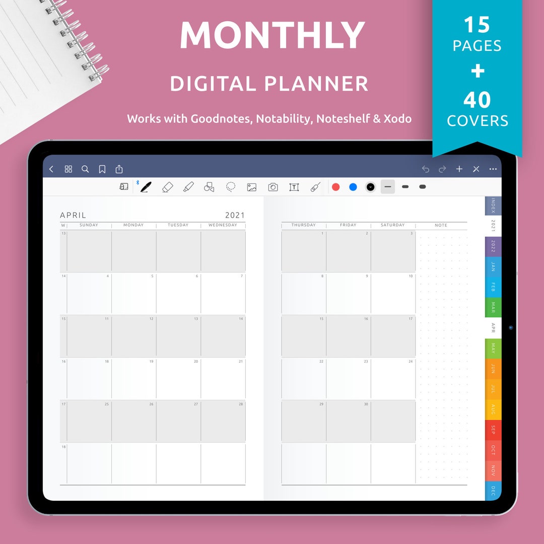 Digital Monthly Calendar Template for Goodnotes, Notability, Monthly Digital Monthly Calendar Template for Goodnotes, Notability, Monthly