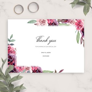 Bourgondische bloemen bruiloft dank u kaart, afdrukbare dank u kaartsjabloon, aangepaste bewerkbare dank u kaart downloadbare PDF, JPG, PNG