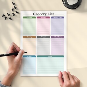 K&ouml;nnte beinhalten: Eine druckbare Einkaufsliste mit Abschnitten f&uuml;r Obst und Gem&uuml;se, Vorratskammer, Fleisch und Fisch, B&auml;ckerei, Tiefk&uuml;hlkost, Feinkost und Milchprodukte, Getr&auml;nke und Sonstiges. Die Liste befindet sich auf einem wei&szlig;en Hintergrund mit farbigen &Uuml;berschriften.