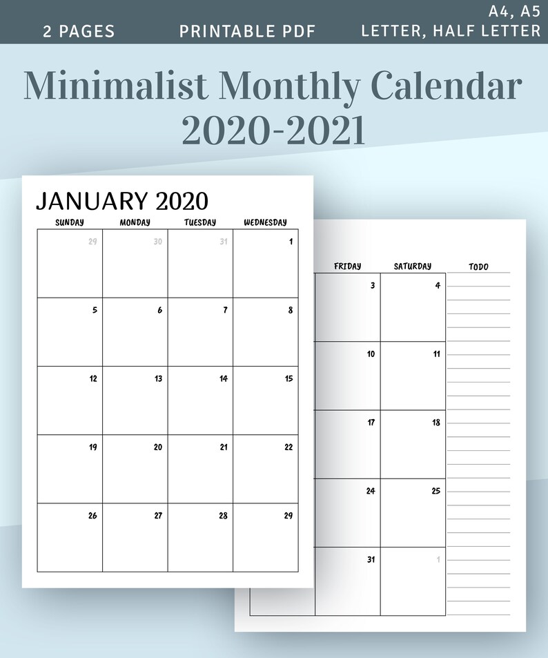 printable calendar monthly 2020 2021 month on two page etsy