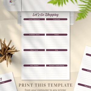 May include: Printable grocery shopping list template with categories for canned/boxed foods, frozen foods, condiments/spices, produce, bread/cereal, dairy, meat/seafood, and household/health & beauty. The text "Let's Go Shopping" is at the top of the page. The text "PRINT THIS TEMPLATE from your computer to any printer at home, office or print shop" is at the bottom of the page.