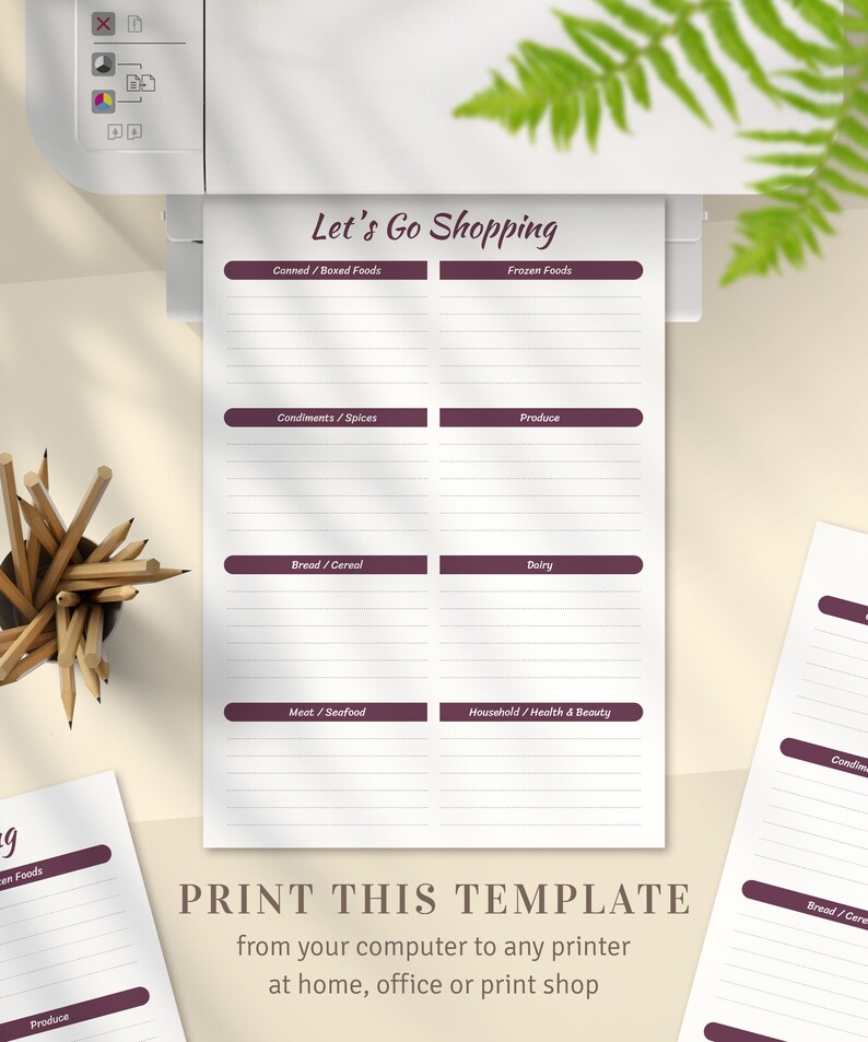 May include: Printable grocery shopping list template with categories for canned/boxed foods, frozen foods, condiments/spices, produce, bread/cereal, dairy, meat/seafood, and household/health & beauty. The text "Let's Go Shopping" is at the top of the page. The text "PRINT THIS TEMPLATE from your computer to any printer at home, office or print shop" is at the bottom of the page.