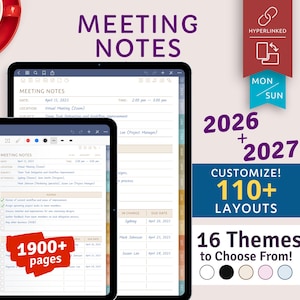 2026 + 2027 Digital Meeting Notes Planner for iPad / Android, Goodnotes, Notability (Hyperlinked PDF)