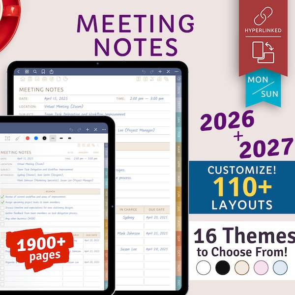 2026 + 2027 Digital Meeting Notes Planner for iPad / Android, Goodnotes, Notability (Hyperlinked PDF)