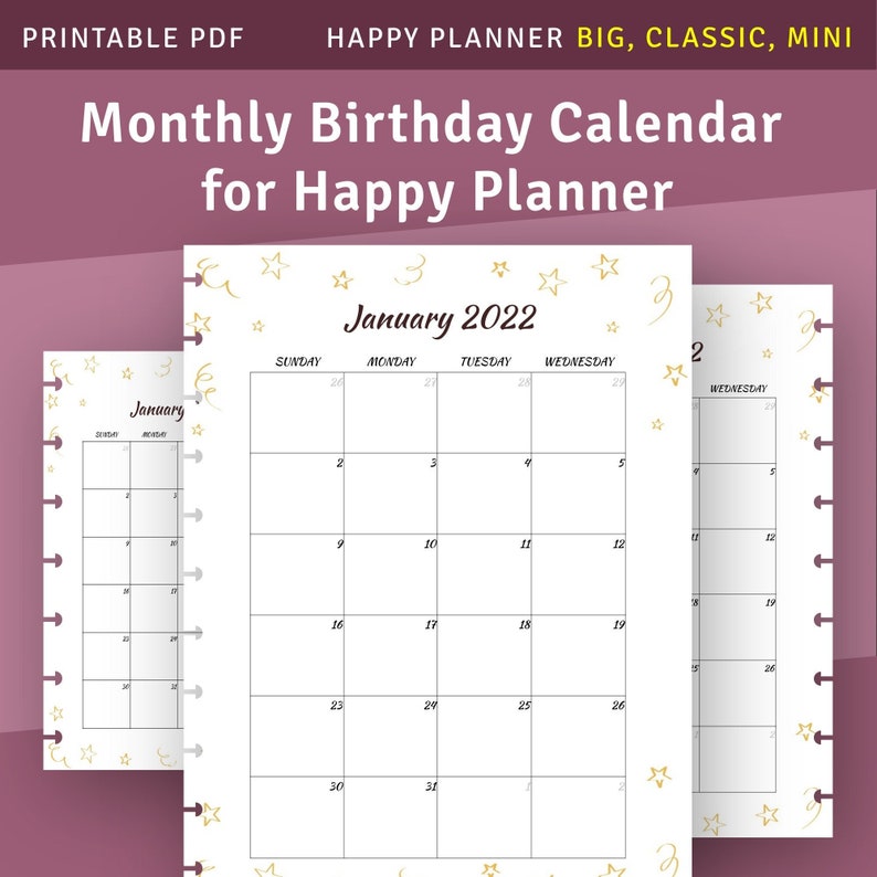Monthly Birthday Calendar Printable Pages for Happy Planner Classic / Big / Mini, Birthday Tracker Template image 1