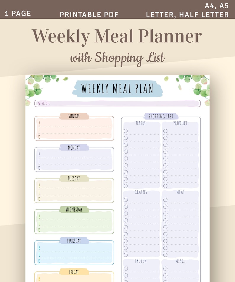Meal Planner Printable, Weekly Menu Planner with Grocery List, Family Food Planner Template, Meal Plan Printable PDF, A4 A5 insert image 1
