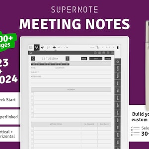 Meeting Notes for Supernote a5x a6x, Digital Meeting Book with Hyperlinked tabs, Yearly / Quarterly / Monthly calendars for 2024 - 2025