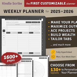 2025 + 2026 Kindle Scribe Weekly Planner, Hyperlinked Digital Planner Bundle, Digital Download PDF Template for Kindle Scribe Tablets
