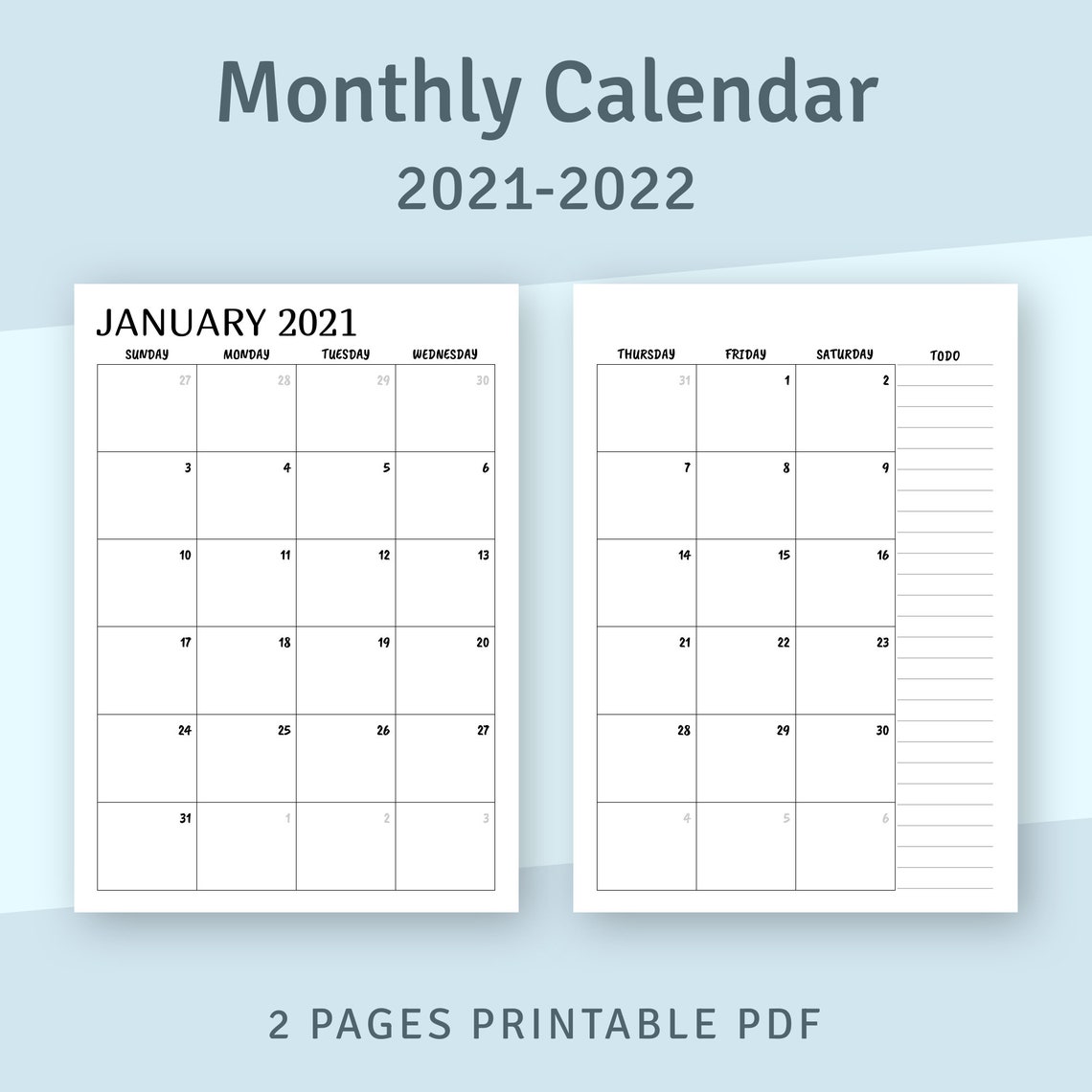 printable calendar monthly 2021 2022 month on two page etsy