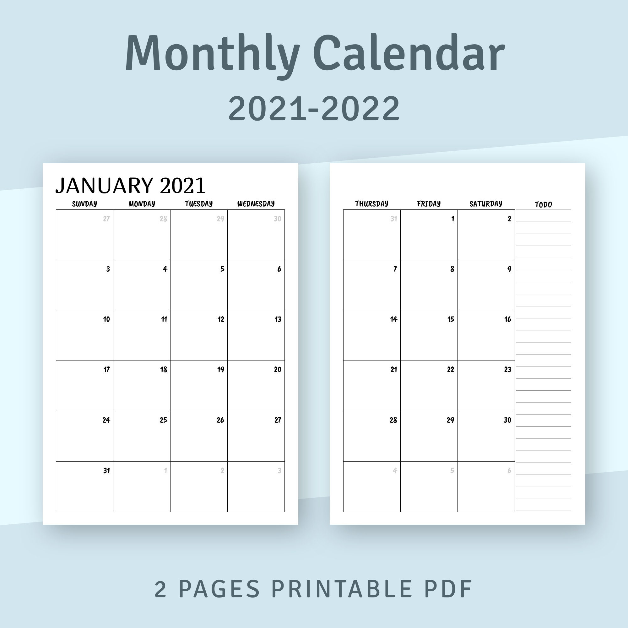 printable calendar monthly 2021 2022 month on two page etsy
