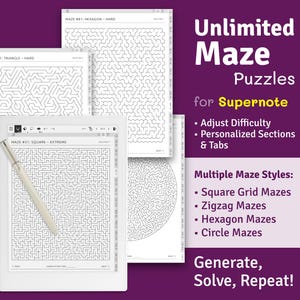 May include: A digital tablet with a stylus, displaying a square maze. The image showcases different maze styles, such as square, zigzag, hexagon, and circle mazes. Text reads "Unlimited Maze Puzzles for Supernote".