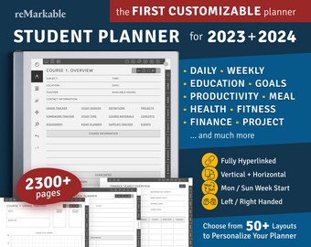 college assignment organizer 2023 + 2024 reMarkable 2 Student Planner, Hyperlinked Digital Planner, Yearly / Quarterly / Monthly Calendars included, Portrait / Landscape
