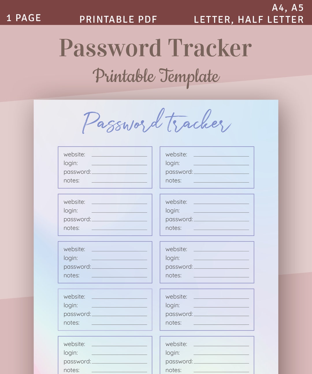 Password Journal Printable Page, Password Tracker Template, Password ...