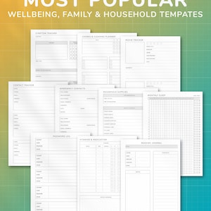 May include: A set of printable planner pages for tracking symptoms, chores, movies, household supplies, sleep, passwords, vitamins, and reading. The pages are black and white with a minimalist design.
