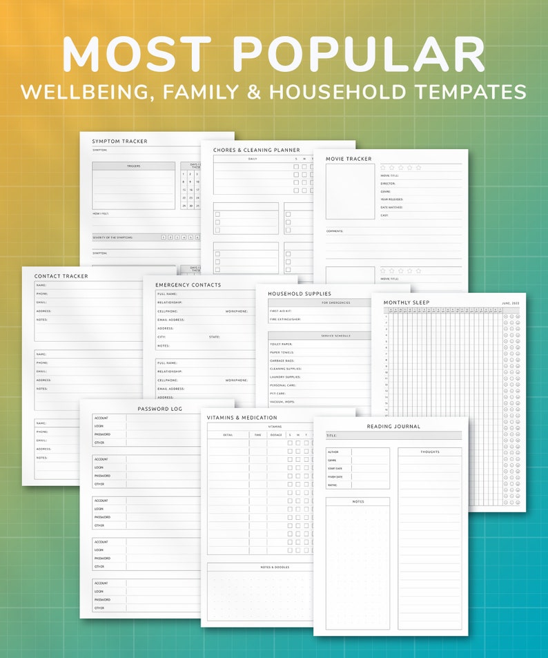 May include: A set of printable planner pages for tracking symptoms, chores, movies, household supplies, sleep, passwords, vitamins, and reading. The pages are black and white with a minimalist design.